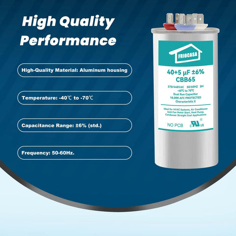 High Quality 40 Plus 5 MFD AC Run Start Capacitor 370V 440V 50 60Hz CBB65B for Air Conditioner and Pool Pump Use