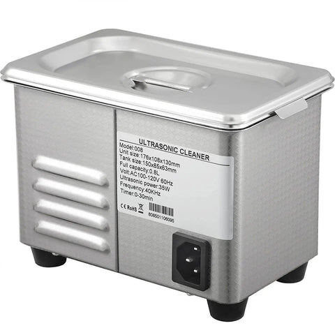 Side view of 0.8L Ultrasonic Jewelry Cleaner Pro Grade Machine with stainless steel tank for home or shop cleaning.