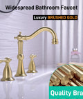 8 Inch Widespread Brushed Gold Bathroom Faucet with Overflow Pop Up Drain Assembly and 3 Hole Mount Solid Brass Vanity Sink Tap