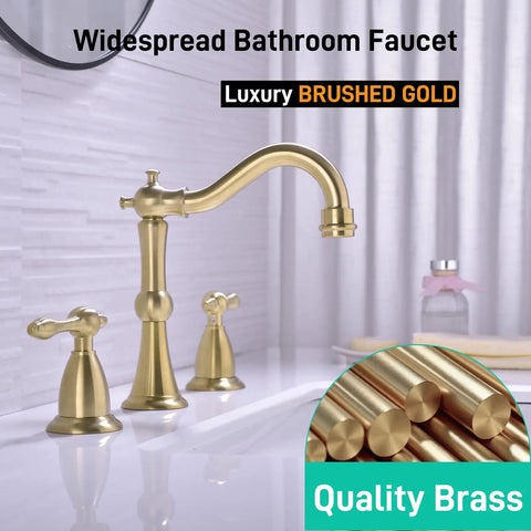 8 Inch Widespread Brushed Gold Bathroom Faucet with Overflow Pop Up Drain Assembly and 3 Hole Mount Solid Brass Vanity Sink Tap