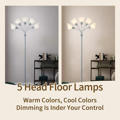 Five Head Floor Lamp With Adjustable Gooseneck Arms And Large Frosted Shade in living room setting, silver finish, two lighting modes
