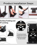Heavy Hitter Folding Table Leg Brackets Four Pack Zero To Ninety Degree Self Locking Hinges in installation steps and spring mechanism detail.
