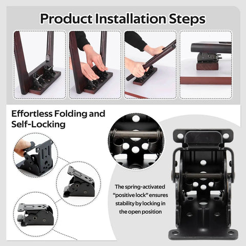 Heavy Hitter Folding Table Leg Brackets Four Pack Zero To Ninety Degree Self Locking Hinges in installation steps and spring mechanism detail.