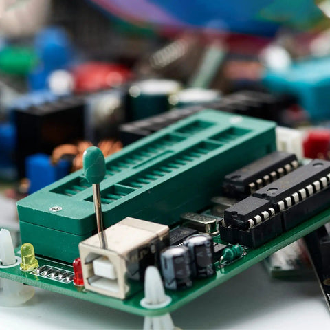 Close-up of a Universal ZIF IC Test Socket 14 Pin 2.54mm Pitch on a PCB with components, highlighting rock solid build.