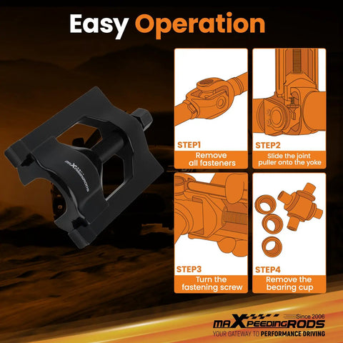 Beefed Up Heavy Duty Truck U Joint Puller Set and Bearing Cup Installer diagram with operation steps.