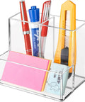 Clear Acrylic Desk Pen Holder With Three Independent Compartments holding pens, cutter, eraser, and notes on a desk