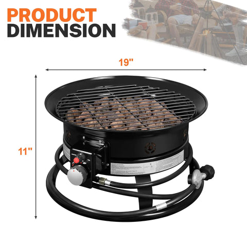 Lit Propane Fire Pit Smokeless 58000 BTU 19 Inch Outdoor Portable Fire Table dimensions with auto ignition feature.