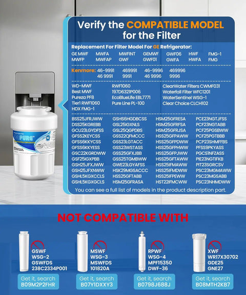 Refrigerator Water Filter RWF0600A That Fits GE MWF Series And More, NSF Certified 42 And 372 Lead Free, compatibility chart included