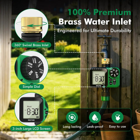 Oversized LCD Sprinkler Timer For Outdoor Hose Faucet, No Fuss Programmable Watering System With Brass Inlet Display