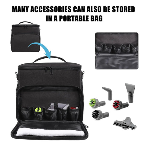 Open Adjustable Compartments Carry Bag For Steam Shot Hard Surface Steam Cleaner With Extra Pockets showing organized tools