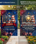 All American 250th Anniversary Flag For Outdoors Double Sided Yard Decor 12x18 Inch Garden Flag With UV Protection And Fade Resistant Colors 1776 To 2026 Patriotic Blue showing vibrant colors and fade resistance over 6 months