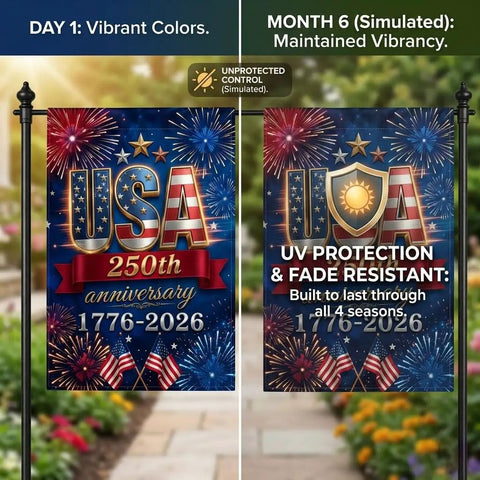 All American 250th Anniversary Flag For Outdoors Double Sided Yard Decor 12x18 Inch Garden Flag With UV Protection And Fade Resistant Colors 1776 To 2026 Patriotic Blue showing vibrant colors and fade resistance over 6 months