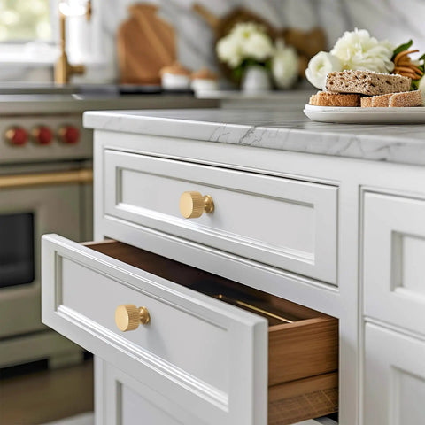 Five Pack Solid Brass Cabinet Knobs Brushed Gold Handles For Dresser Kitchen Bedroom Bathroom Modern Hardware