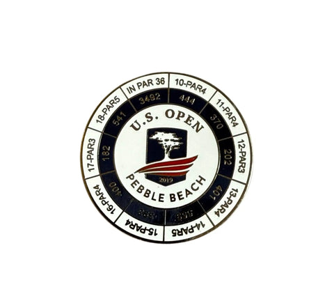 Pebble Beach commemorative golf ball marker with magnetic yardage coin showing U.S. Open details, durable metal keepsake.