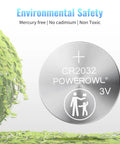 CR2032 Lithium Coin Cell Battery with environmental safety info, 12 pack, mercury free, compatible with electronics.