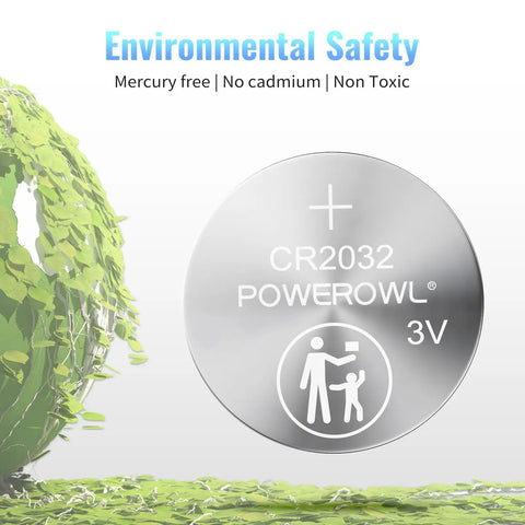CR2032 Lithium Coin Cell Battery with environmental safety info, 12 pack, mercury free, compatible with electronics.