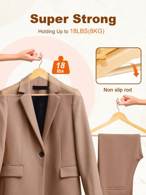 Heavy Duty Wooden Hangers 20 Pack With Non Slip Pant Bar For Closets holding suit showing 18 lb capacity