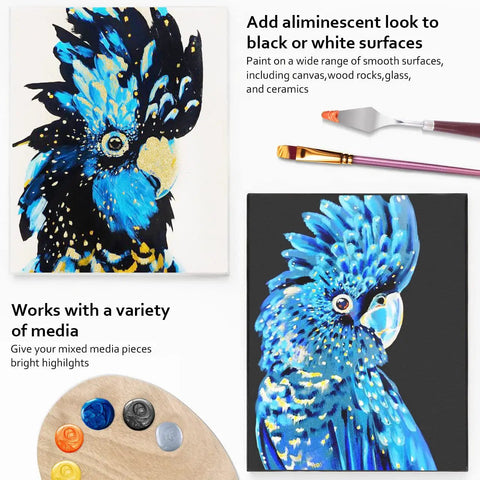 Metallic Acrylic Paint Set 12x60ml Professional Quality With 3 Free Brushes And 1 Scraper Non Fading Multi Surface Paints For Beginners And Pros Vibrant Metallic Colors For Arts And Crafts showcasing vibrant bird painting.