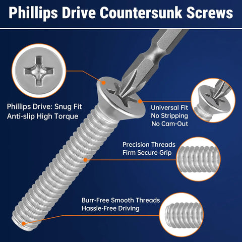 Heavy Duty Number Eight Thirty Two By One Half Inch Phillips Flat Head Machine Screws Packed In A Rock Solid Hundred Count Of Rust Resistant 304 Grade Stainless Steel Fasteners Built Different For Unc Coarse Thread Fit with countersunk design and precise threads.