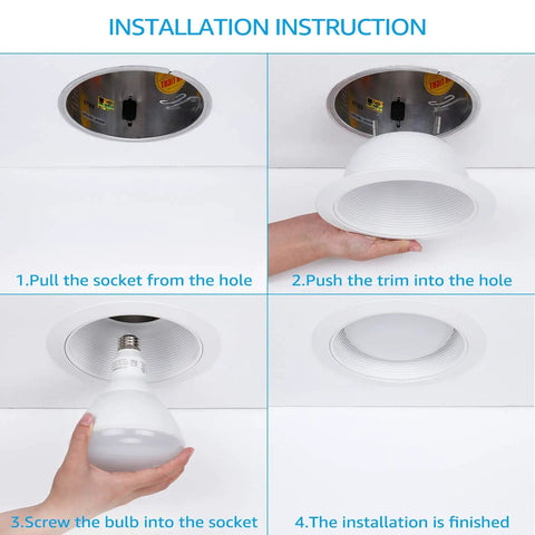 Installation steps for 6 Inch White Recessed Light Trim With Detachable Ring And Step Baffle, Full Metal For 6 Inch Recessed Can.