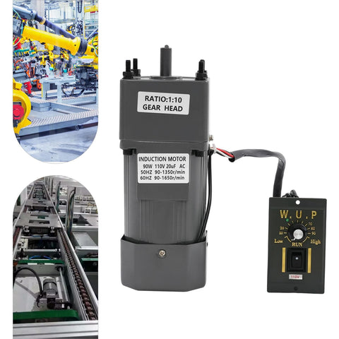 90W Variable Speed AC Gear Motor With 110V Single Phase Power 0-135 RPM Output 10K High Torque Includes Speed Controller