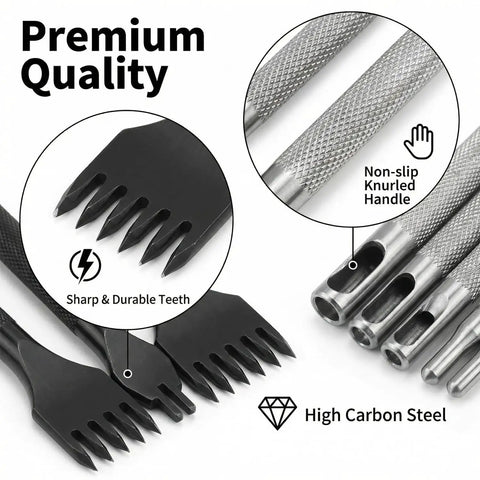 Close-up of tools from Leather Stitching And Hole Punch Set For DIY Leatherwork, showing durable teeth and knurled handles.