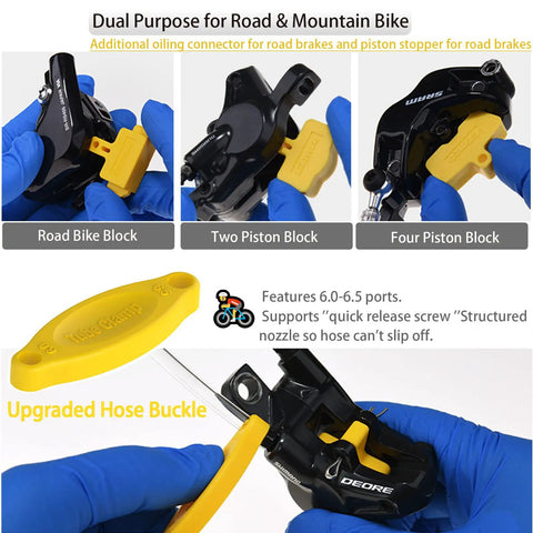 Pro Grade Bicycle Hydraulic Brake Bleed Kit With 10 Adapters shown with road and mountain bike blocks, universal fit.
