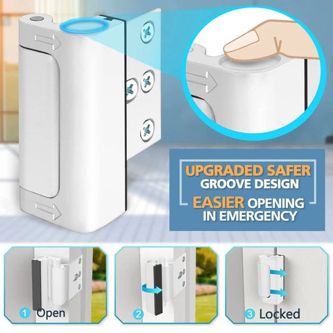 Heavy Duty Door Reinforcement Lock For Front Doors Kid Safe Home Security Childproof Latch showing installation and operation