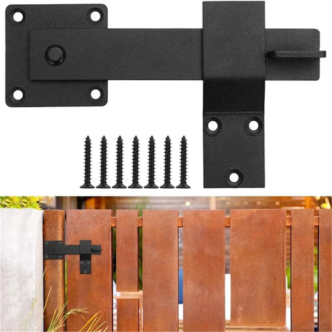16 Piece Iron Gate Latch And Heavy Duty Fence Lock With Gravity Bolt Design, black latch set with mounting screws for fence installation.