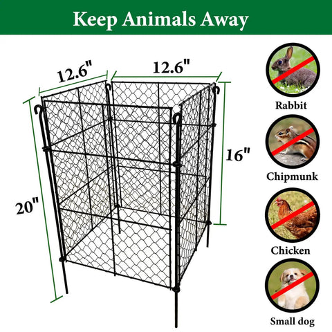 4 Pack Plant Protectors From Animals, DIY Garden Cages With 1 Inch Mesh For Vegetables, Shrubs And New Plants, Chicken Wire Barrier Keeps Rabbits And Chipmunks Out, 16 Panels, Easy Assembly image showing chicken wire cage dimensions 12.6 inches long, 20 inches high.