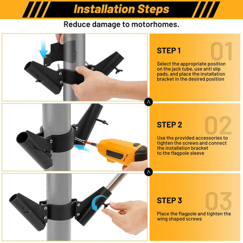 Heavy Duty RV Flag Pole Mount For Travel Trailer Tongue Jack Clamps On Without Drilling Dual Pole Holder installation steps with tools