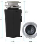 Gutsy Half HP Garbage Disposal With Torque Master Grinding System stainless steel impellers, black, side and top view, dimensions.