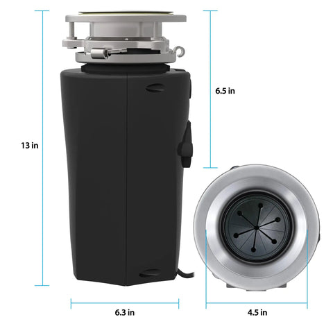 Gutsy Half HP Garbage Disposal With Torque Master Grinding System stainless steel impellers, black, side and top view, dimensions.