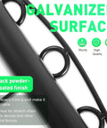 Close-up of black powder-coated galvanized surface with chain links and durability icons, highlighting features of Chain Link Fence Stretcher Tool With 5 Hooks And 2 Extra Chain Links, Upgraded Galvanized Steel Bar Puller, Black Powder Coated Fence Tensioner For No Brainer Setup And Easy Even Stretching And Stable Install.