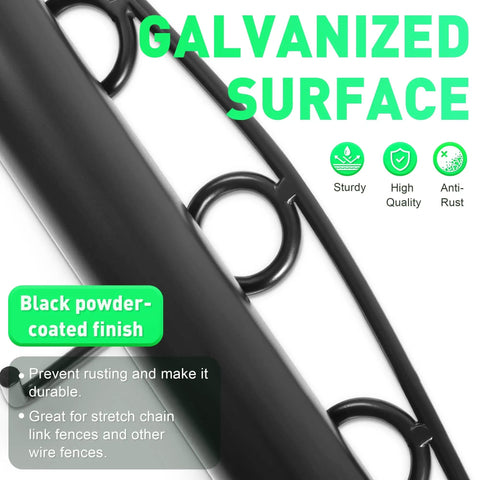 Close-up of black powder-coated galvanized surface with chain links and durability icons, highlighting features of Chain Link Fence Stretcher Tool With 5 Hooks And 2 Extra Chain Links, Upgraded Galvanized Steel Bar Puller, Black Powder Coated Fence Tensioner For No Brainer Setup And Easy Even Stretching And Stable Install.
