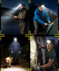 Men using rechargeable 10 LED headlamp with 8 and 2 modes, red light option, waterproof feature for outdoor activities like hiking.
