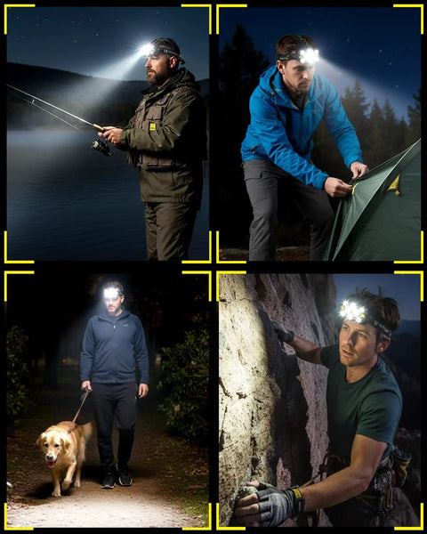 Men using rechargeable 10 LED headlamp with 8 and 2 modes, red light option, waterproof feature for outdoor activities like hiking.