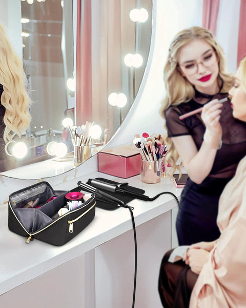 View of Shark FlexStyle Hair Tools Travel Bag With Wide Open Design And Heat Resistant Mat on a vanity with mirror and lights.
