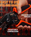 Pro Grade Open Barrel Crimping Tool Kit with ratcheting crimper showcasing easy use, quick release trigger, and adjustable compression.