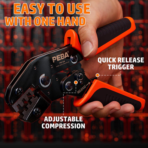 Close-up of Pro Grade Open Barrel Crimping Tool Kit for Car Audio and Auto Wiring with ratcheting wire crimper in hand
