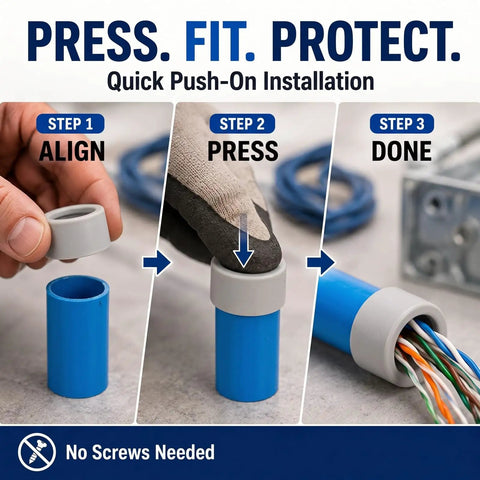 Installation steps for 100 Pack Three Quarter Inch Emt Insulating Conduit Bushings White Plastic Cable Grommets, showing align, press, done.