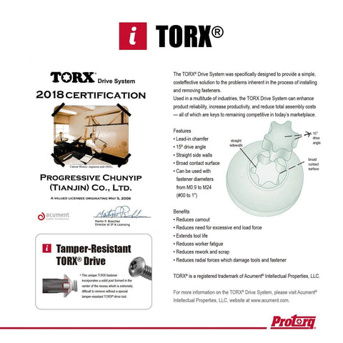 Diagram and certifications of Torx drive system with tamper-resistant features