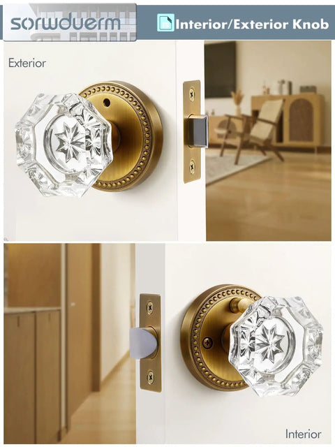 Chic Antique Brass Crystal Door Knob With Privacy Lock For Bedroom And Bathroom, Glass Door Knob In Zinc Alloy, Adjustable Latch