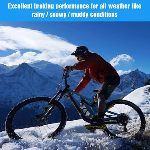 All In One 4 Piston Mountain Bike Brake Pads Set For Disc Brakes Includes Gap Regulator Piston Press Tool And Hex Wrench Compatible With Code R Code RSC And Guide G2 Series On Trail Ready Performance showing cyclist riding in snowy mountains with excellent braking performance for all weather conditions