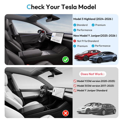 Tesla Center Console Organizer Tray compatibility chart for Model 3 Highland 2024-2026 and Model Y Juniper 2025-2026