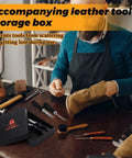 Cobbler using leather tool with Four Size Leather Edge Beveler Tool Set on table, showing storage box and crafting tools.