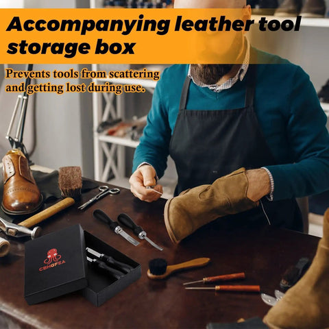 Cobbler using leather tool with Four Size Leather Edge Beveler Tool Set on table, showing storage box and crafting tools.