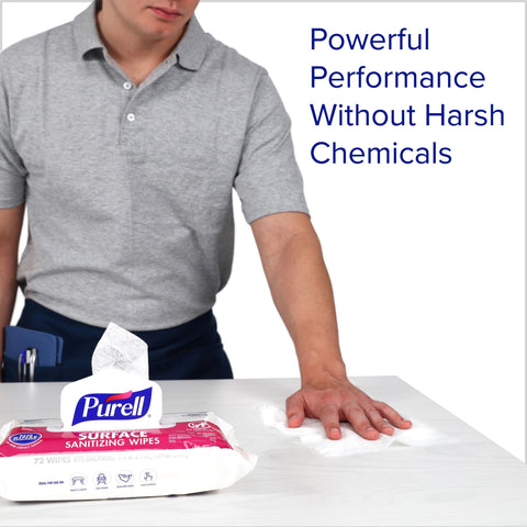 Person using Foodservice Surface Sanitizing Wipes Flowpack 7.4 By 9 Inches Durable Thick Wipes 72 Count Pack Of 12 on table