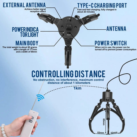 Upgrade Your Drone Game With This Awesome Universal Claw Grabber for DJI Drones Smart Manipulator Tool showing detailed control features and dimensions.