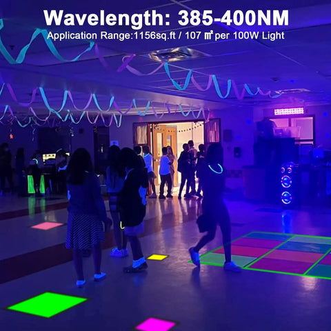 Ultra Bright Dope 100W LED Blacklight Bar Two Pack IP66 Waterproof Flood Lights illuminating a vibrant party scene